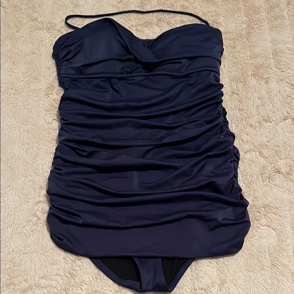 Women’s J Crew Ruched Skirted Swimsuit Strapless Navy Size 8